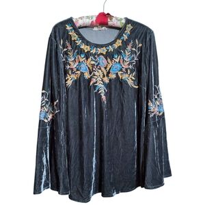 Anthropologie Solitaire Blue Velour Embroidered Boho Top